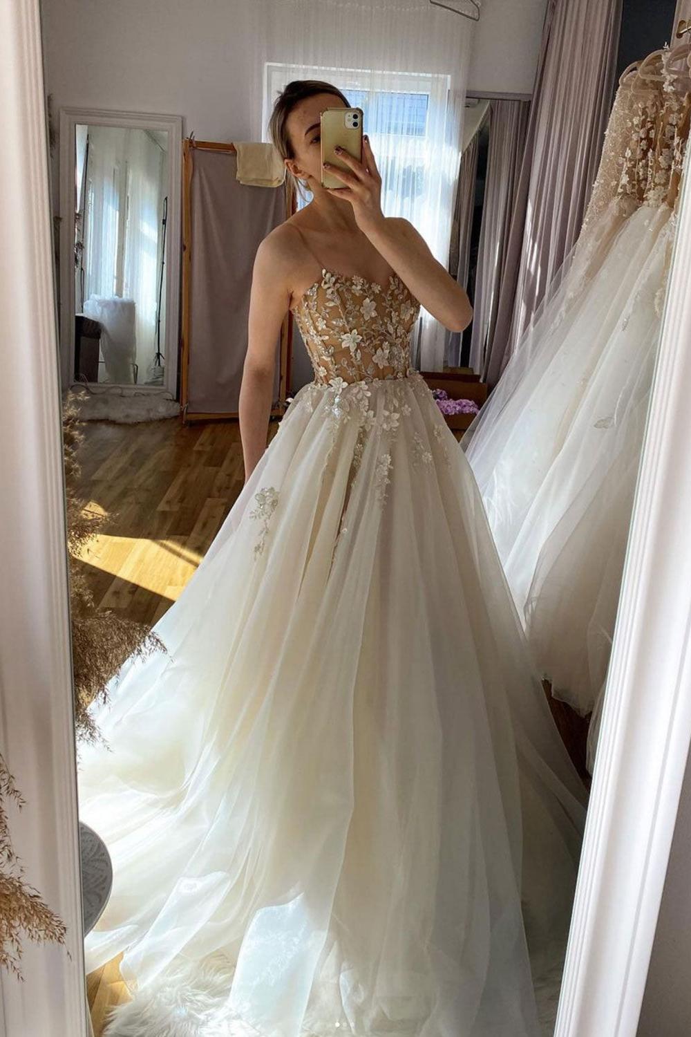 Champagne Prom Dress A Line Tulle Lace Long Formal Evening Dress