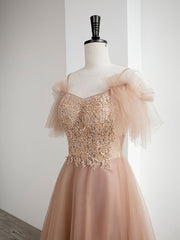 Champagne Prom Dress A Line Tulle Lace Long Formal Evening Dress