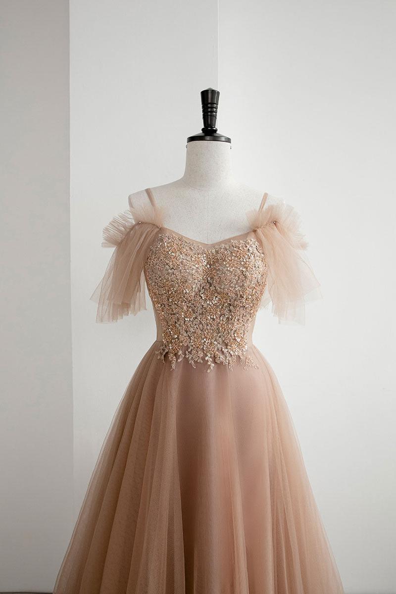 Champagne Prom Dress A Line Tulle Lace Long Formal Evening Dress
