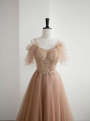 Champagne Prom Dress A Line Tulle Lace Long Formal Evening Dress