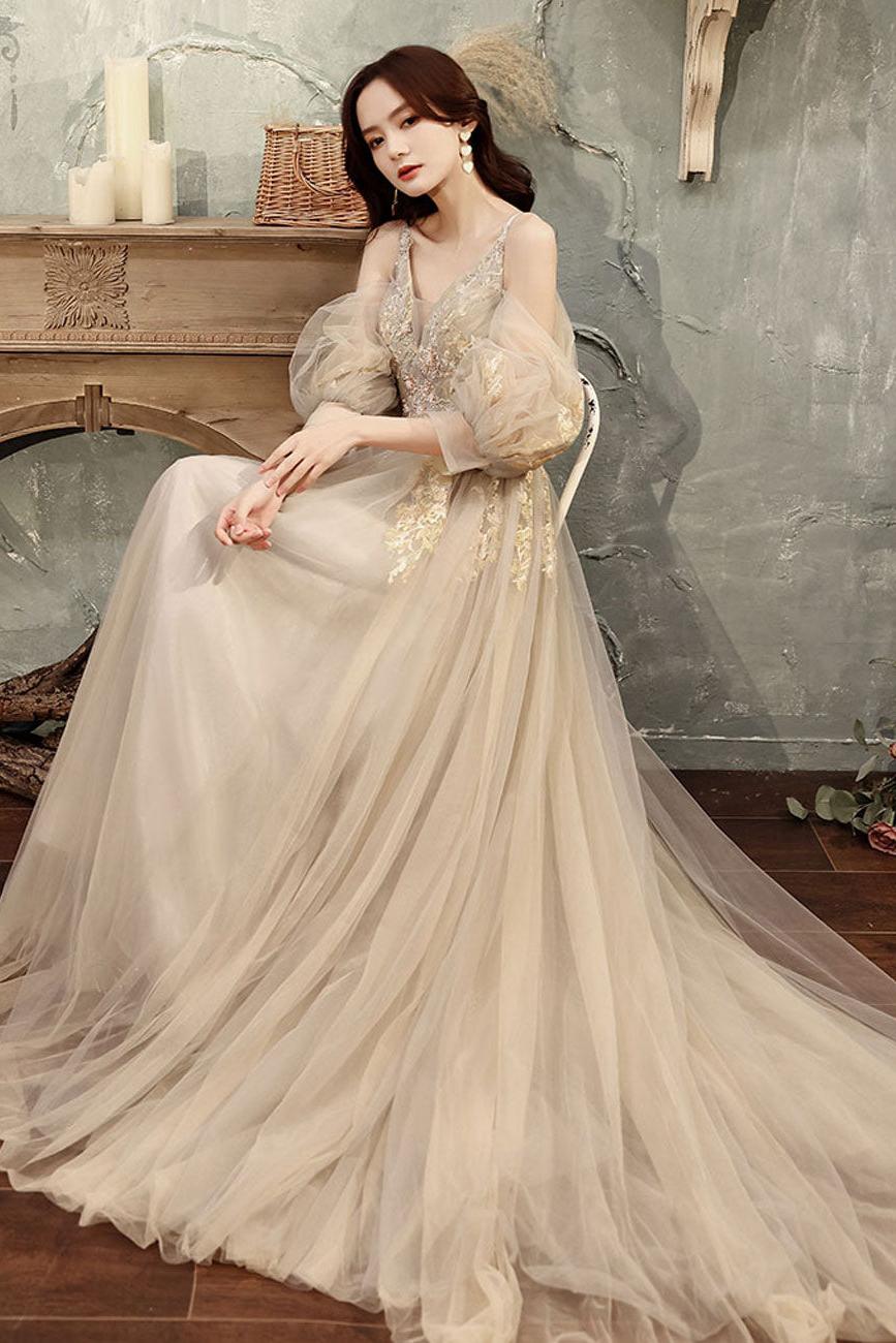 Champagne Prom Dress A Line Tulle Lace Long Formal Graduation Dress Evening Dress