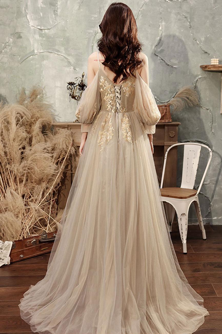 Champagne Prom Dress A Line Tulle Lace Long Formal Graduation Dress Evening Dress