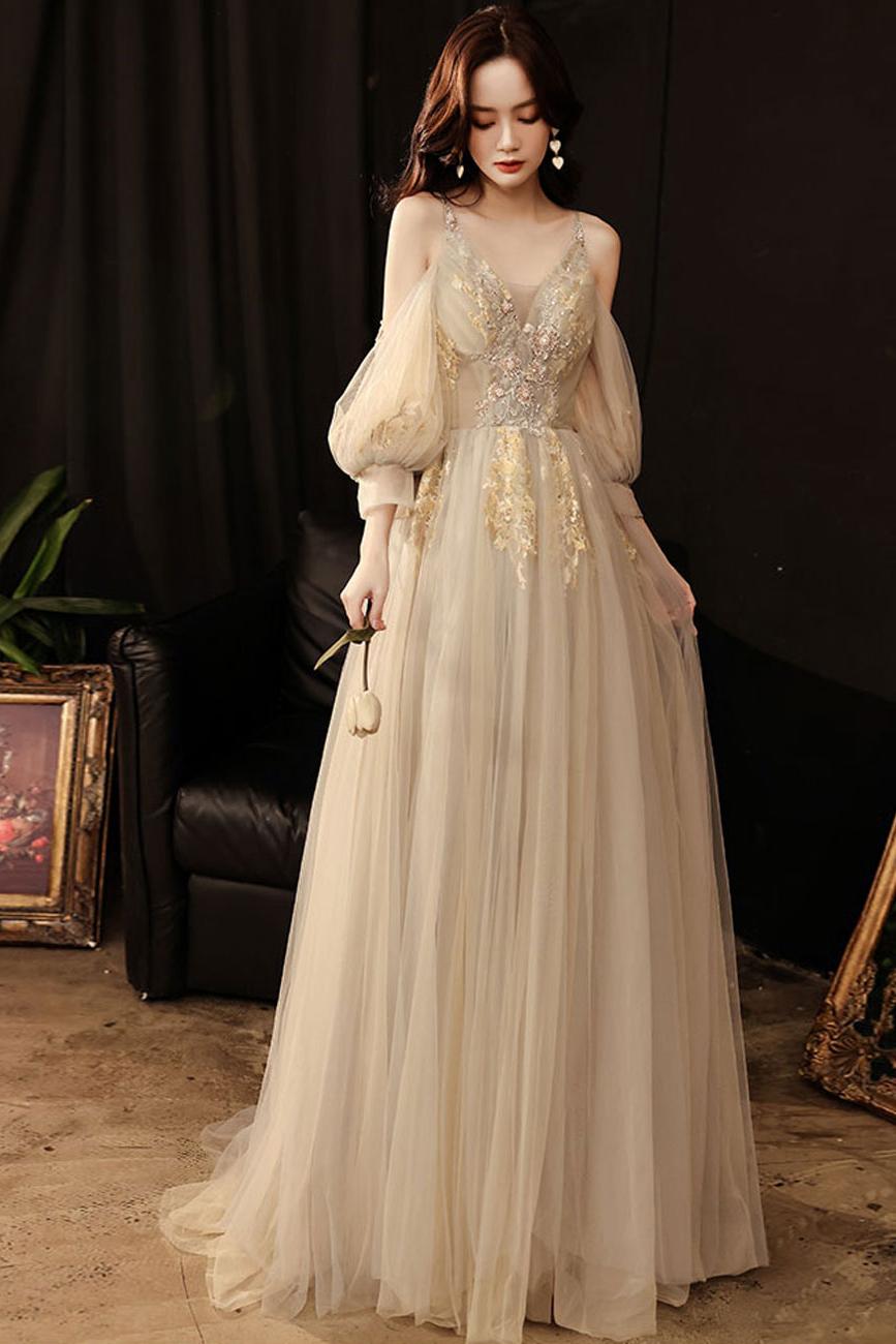 Dressystars Champagne Prom Dress A Line Tulle Lace Long Formal Graduation  Dress Evening Dress