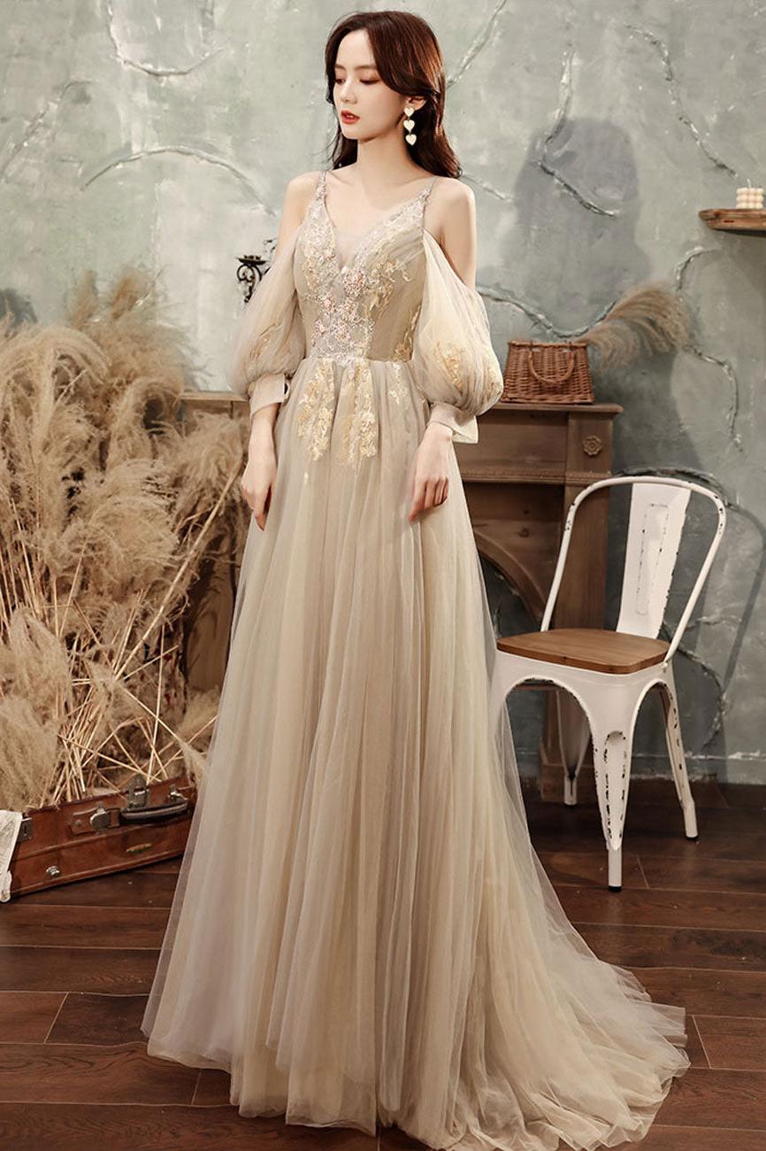 Champagne Prom Dress A Line Tulle Lace Long Formal Graduation Dress Evening Dress