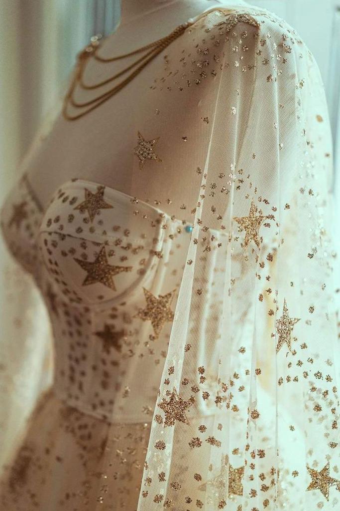 Champagne Prom Dress A Line Tulle Long Star Formal Evening Dress