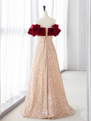 Champagne Prom Dress A Line Velvet Long Tulle Sequin Formal Gown Evening Dress