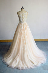 Champagne Prom Dress Crew Neck Tulle Lace Long Formal Evening Dress