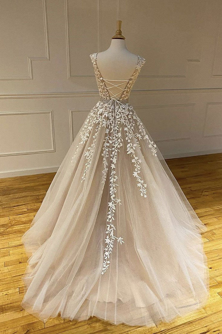 Champagne Prom Dress Crew Neck Tulle Lace Long Formal Gown Evening Dress