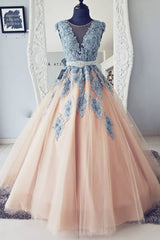 Champagne Prom Dress Crew Neck Tulle Lace Long Formal Gown Evening Dress