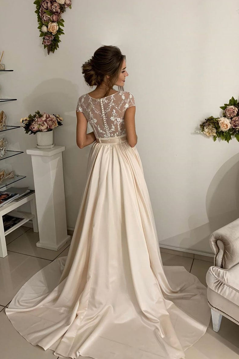 Champagne Prom Dress Lace Satin Long Formal Gown Evening Dress