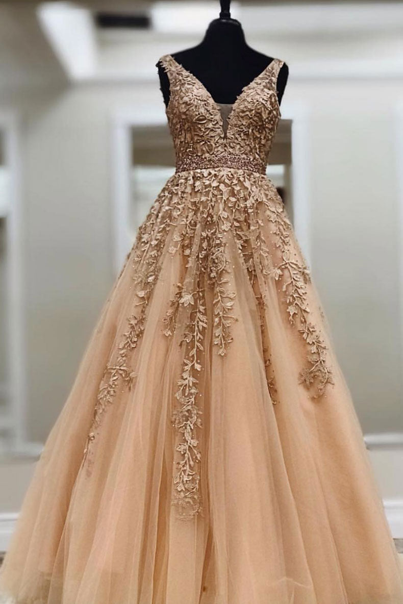 Champagne Prom Dress Lace V Neck Tulle Long Evening Dress