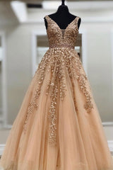Champagne Prom Dress Lace V Neck Tulle Long Evening Dress