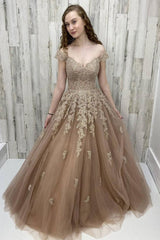 Champagne Prom Dress Off the Shoulder Tulle Lace Long Evening Dress
