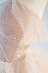 Champagne Prom Dress Off the Shoulder Tulle Lace Long Formal Evening Dress