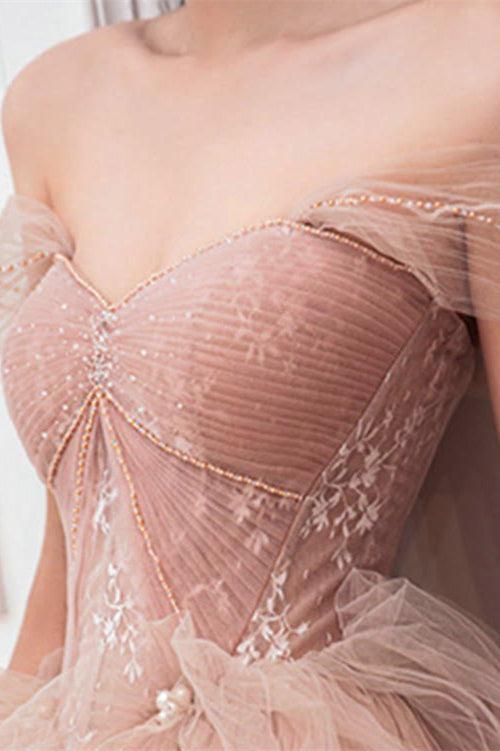 Champagne Prom Dress Off the Shoulder Tulle Lace Long Formal Evening Dress