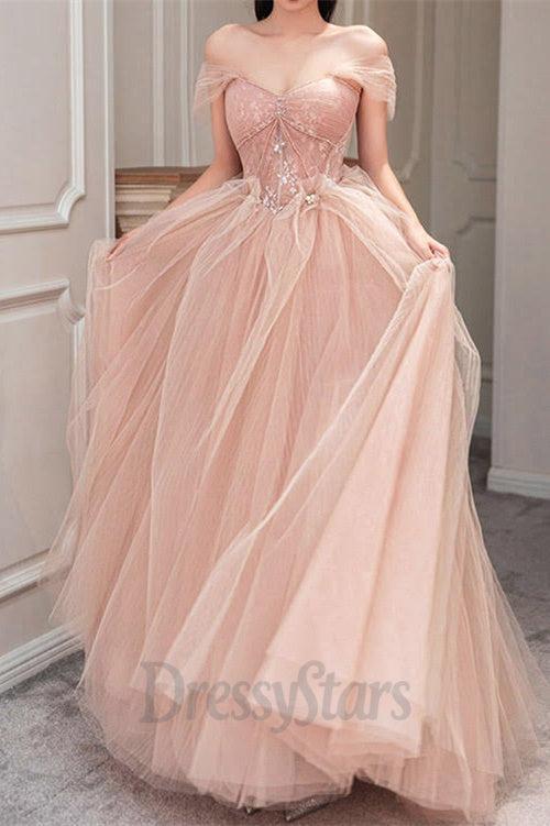 Champagne Prom Dress Off the Shoulder Tulle Lace Long Formal Evening Dress