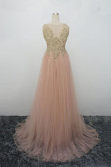 Champagne Prom Dress Pink Prom Dress Tulle Gold Lace Appliques Long Evening Dress