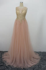 Champagne Prom Dress Pink Prom Dress Tulle Gold Lace Appliques Long Evening Dress