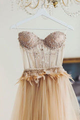 Champagne Prom Dress Sweetheart Lace Tulle Long Evening Gown Evening Dress