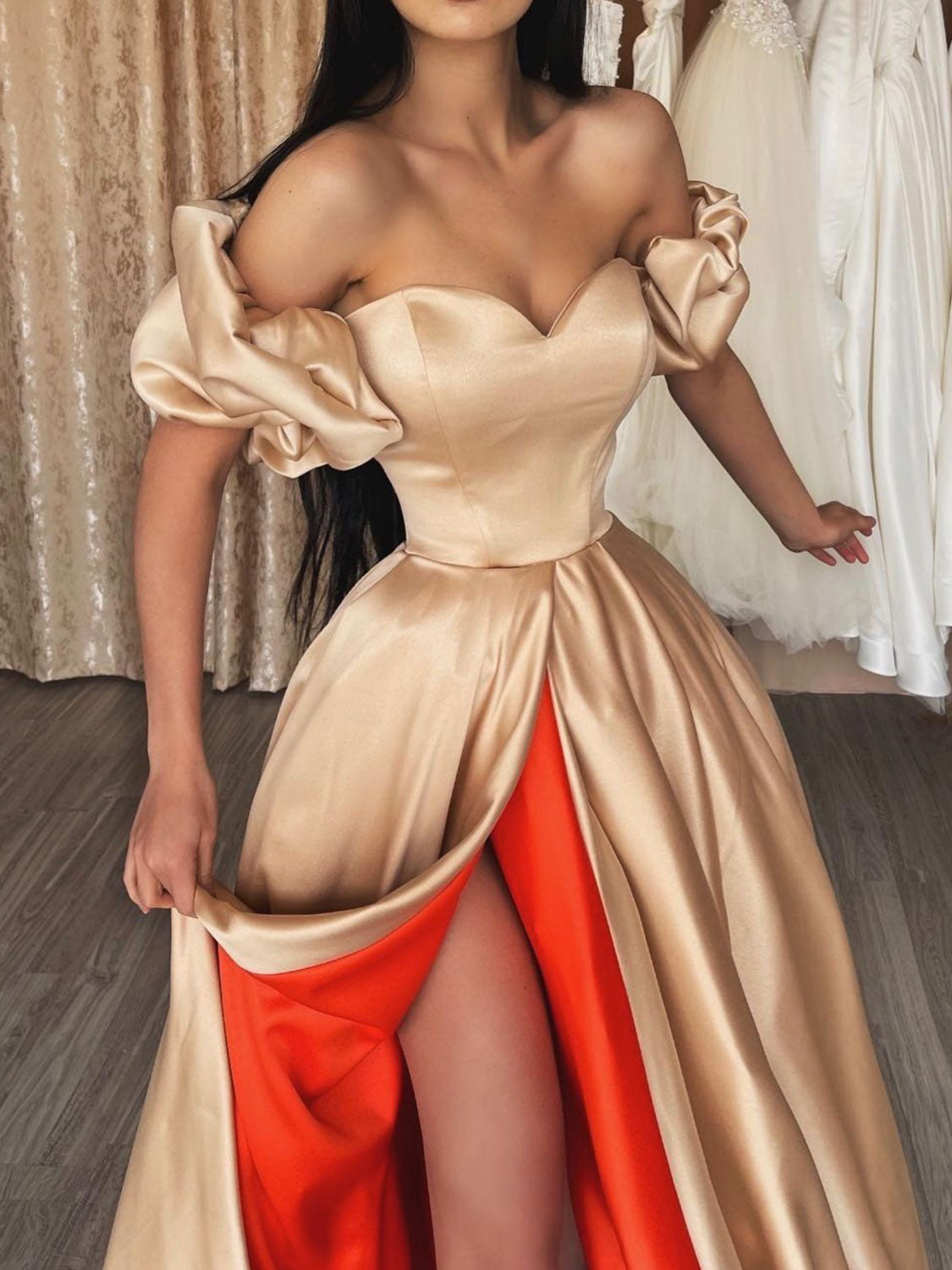 Champagne Prom Dress Sweetheart Neck Satin Long Evening Dress