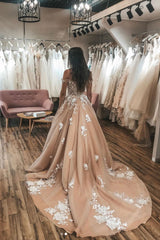 Champagne Prom Dress Sweetheart Tulle Lace Long Formal Evening Dress
