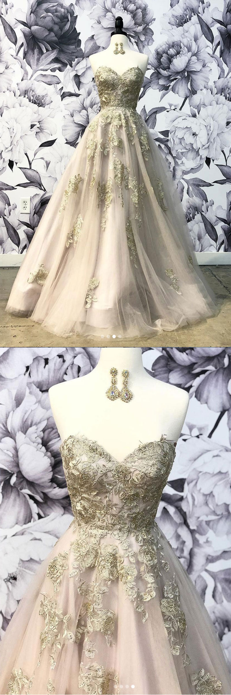 Champagne Prom Dress Sweetheart Tulle Lace Long Formal Gown Evening Dress