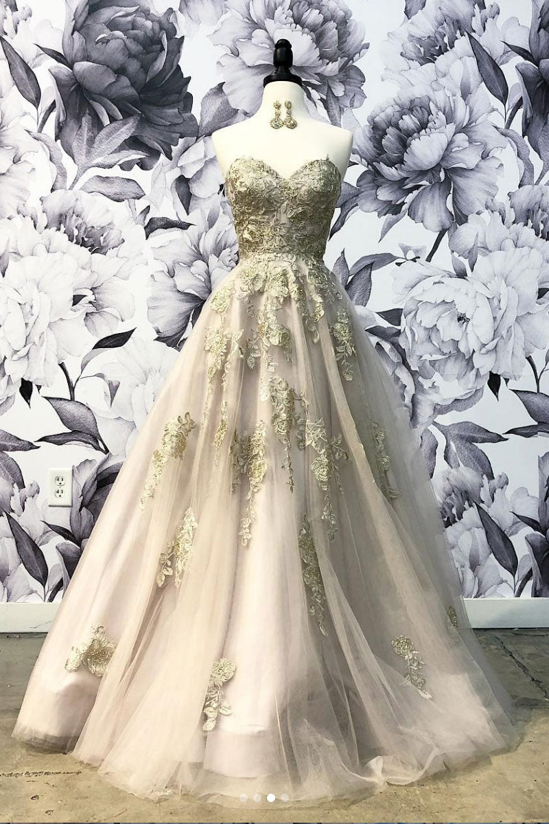Champagne Prom Dress Sweetheart Tulle Lace Long Formal Gown Evening Dress