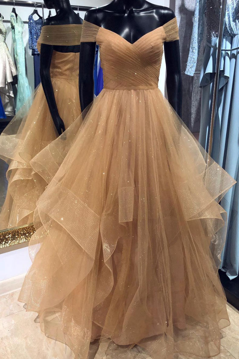 Champagne Prom Dress Sweetheart Tulle Long Gown Evening Dress