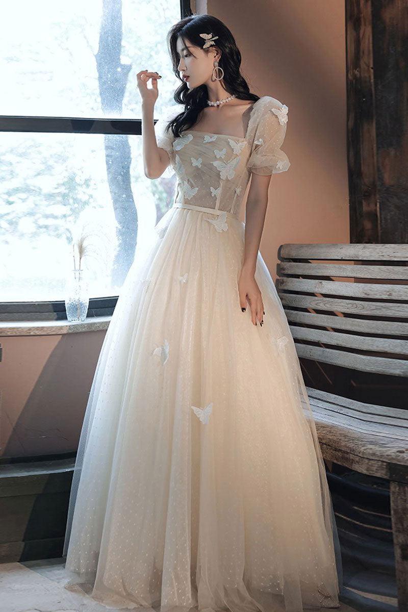 Champagne Prom Dress Tulle Appliques Long Formal Evening Dress