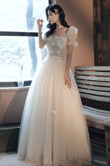 Champagne Prom Dress Tulle Appliques Long Formal Evening Dress