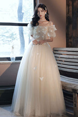 Champagne Prom Dress Tulle Appliques Long Formal Evening Dress