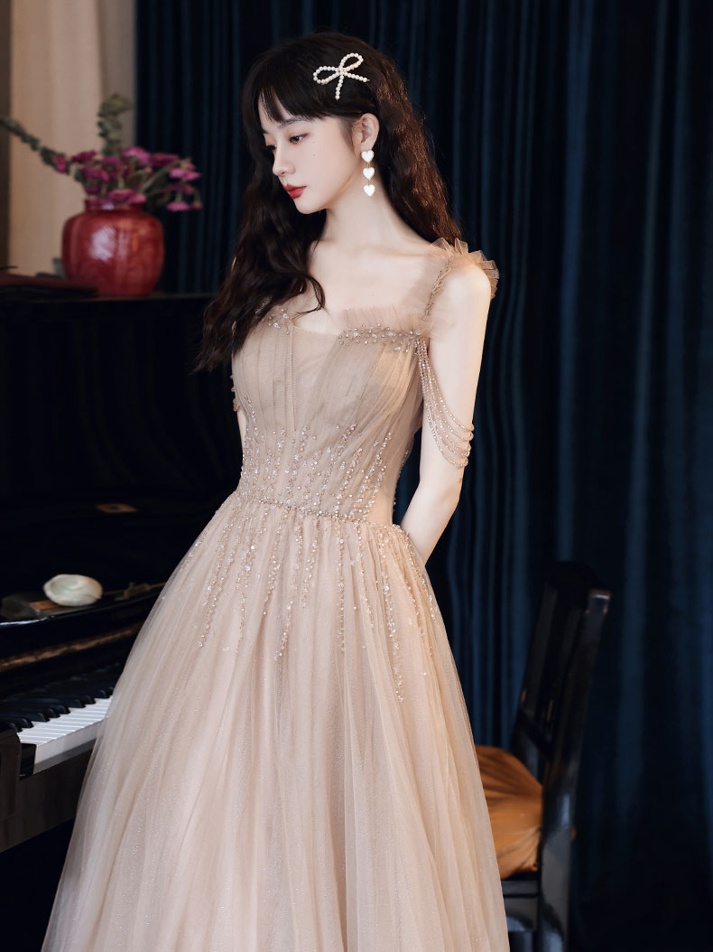 Champagne Prom Dress Tulle Beaded A Line Long Evening Dress