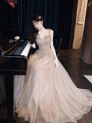 Champagne Prom Dress Tulle Beaded A Line Long Evening Dress