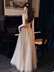 Champagne Prom Dress Tulle Beaded A Line Long Evening Dress