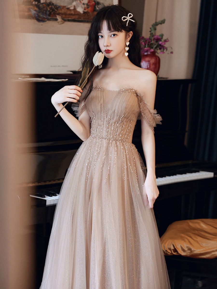 Champagne Prom Dress Tulle Beaded A Line Long Evening Dress
