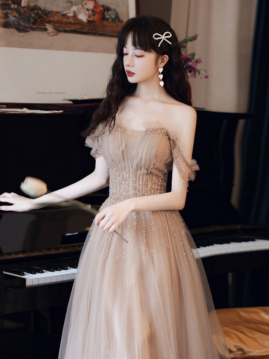Champagne Prom Dress Tulle Beaded A Line Long Evening Dress