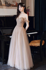 Champagne Prom Dress Tulle Beaded A Line Long Evening Dress