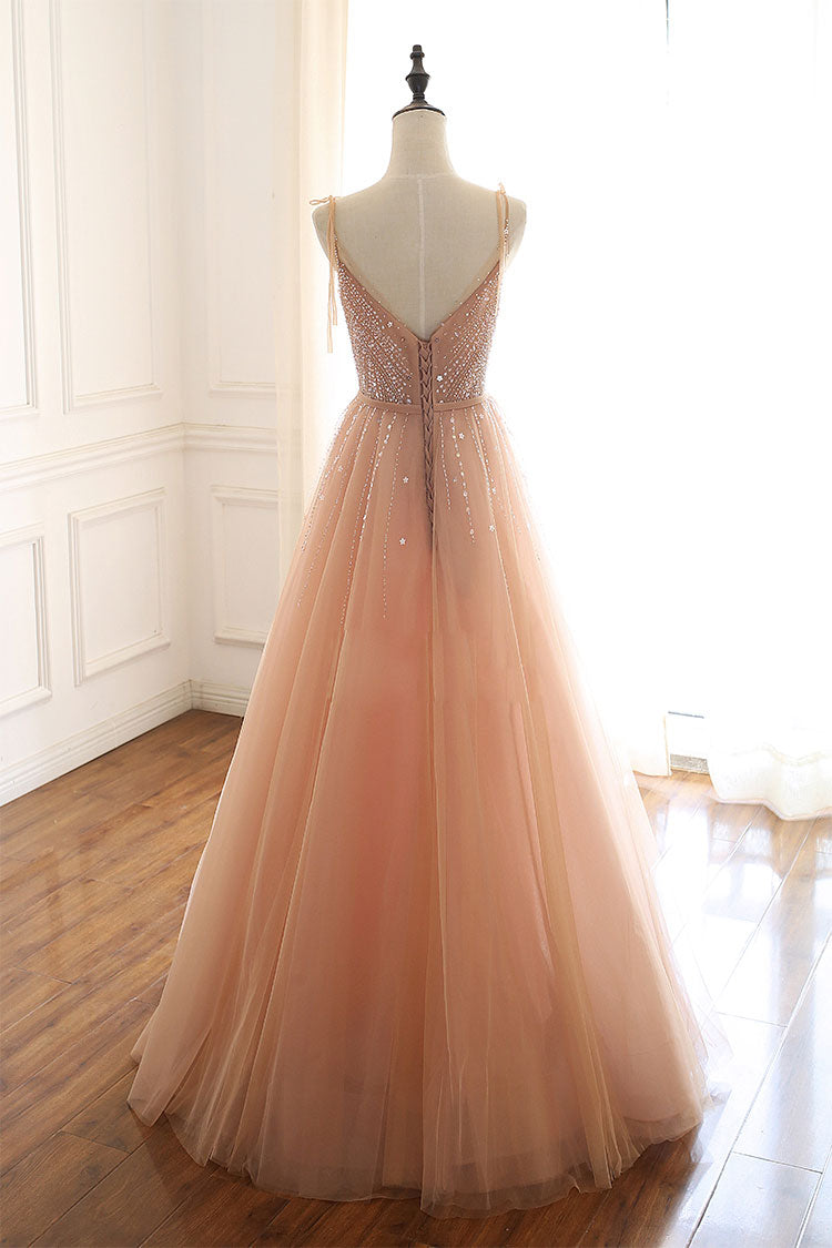 Champagne Prom Dress Tulle Beaded Sequin Long Formal Evening Dress
