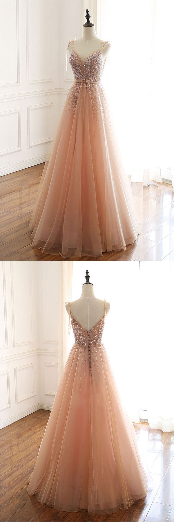 Champagne Prom Dress Tulle Beaded Sequin Long Formal Evening Dress