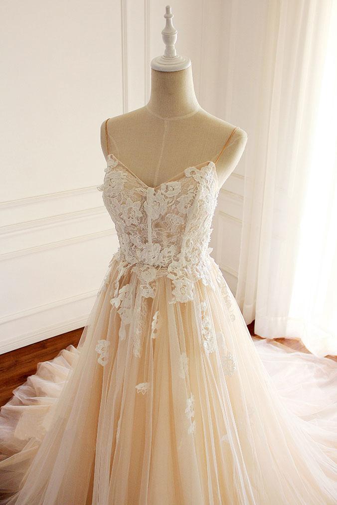 Champagne Prom Dress Tulle Lace Appliques Long Evening Dress