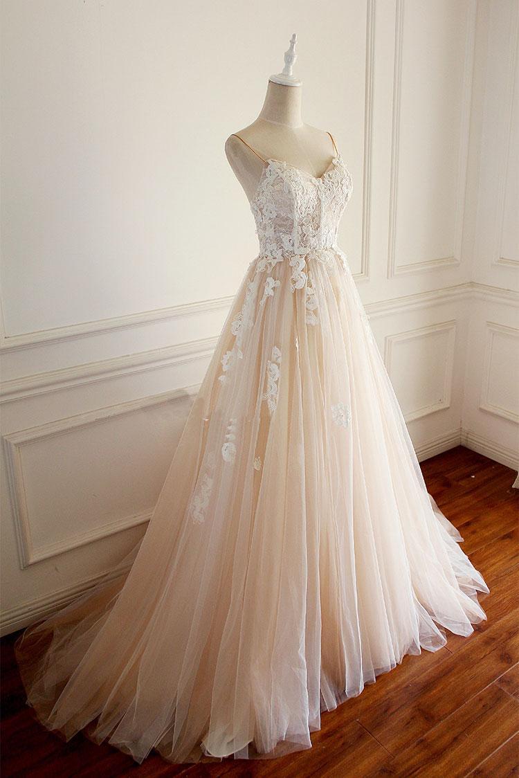 Champagne Prom Dress Tulle Lace Appliques Long Evening Dress