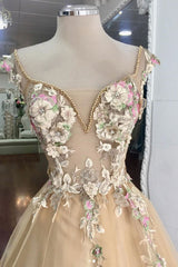 Champagne Prom Dress Tulle Lace Flower Long Formal Gown Evening Dress
