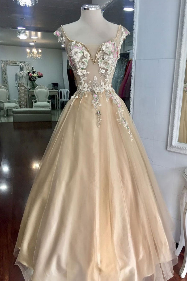 Champagne Prom Dress Tulle Lace Flower Long Formal Gown Evening Dress