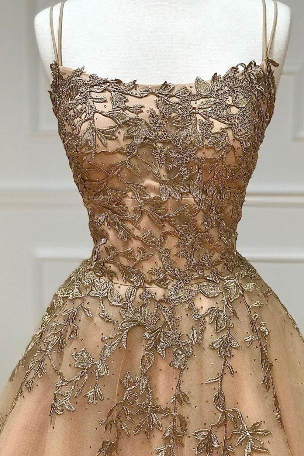 Champagne Prom Dress Tulle Lace Long Backless Graduation Dress Evening Dress