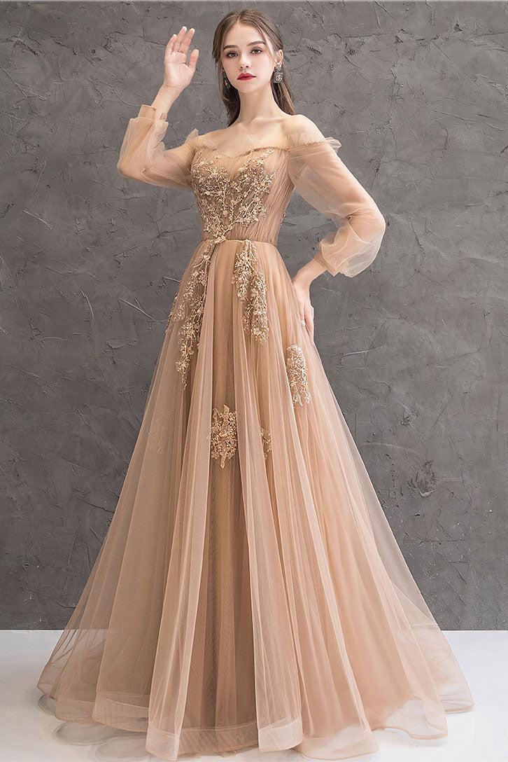 Champagne Prom Dress Tulle Lace Long Evening Dress