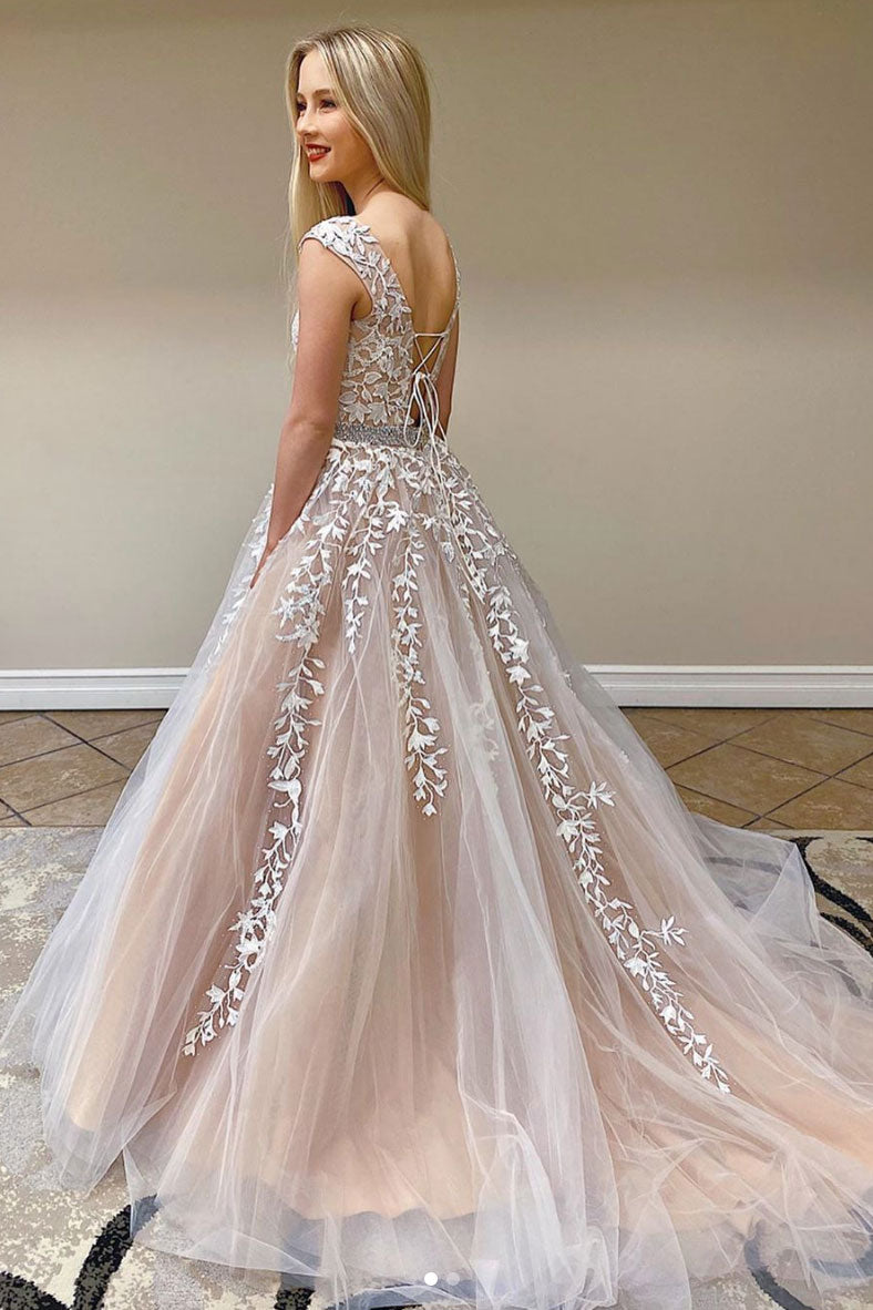 Champagne Prom Dress Tulle Lace Long Evening Dress