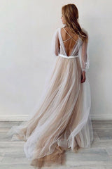 Champagne Prom Dress Tulle Lace Long Evening Dress