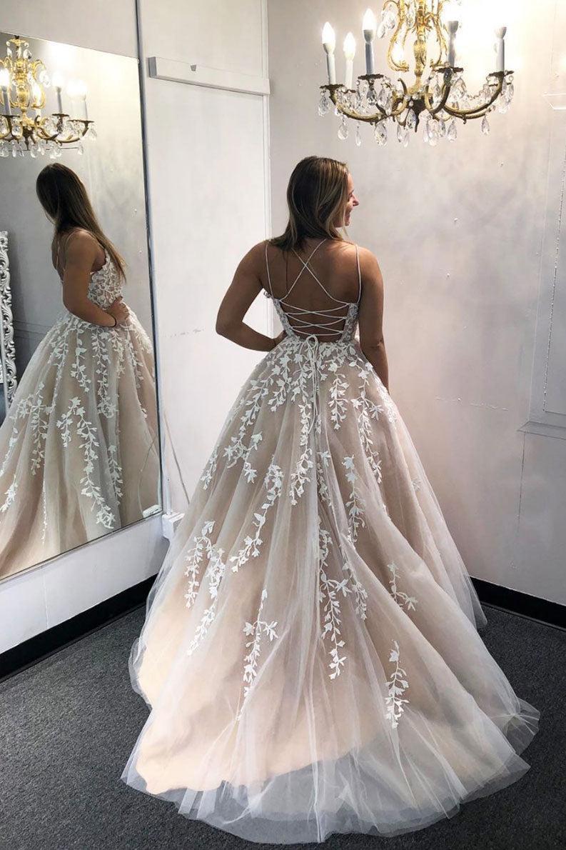 Champagne Prom Dress Tulle Lace Long Evening Dress