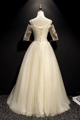 Champagne Prom Dress Tulle Lace Long Evening Dress