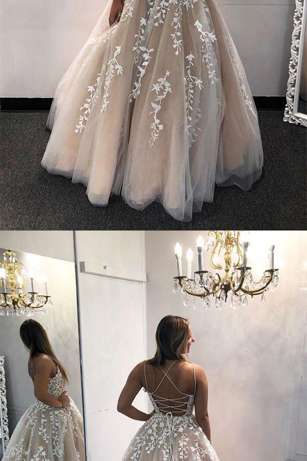 Champagne Prom Dress Tulle Lace Long Evening Dress